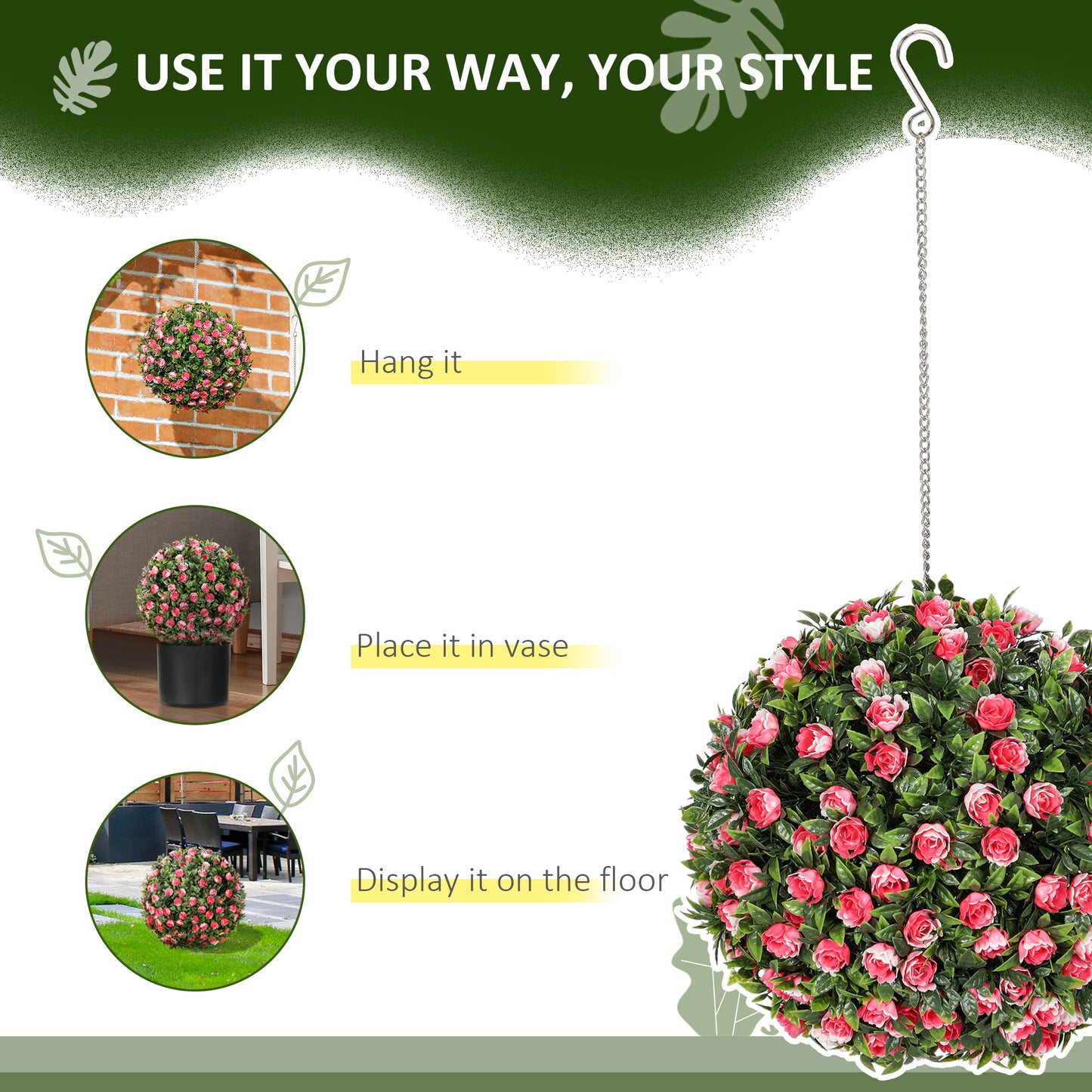 Set of 2 Decorative Artificial Plants, UV-protected Artificial Plant Topiary Rose Balls