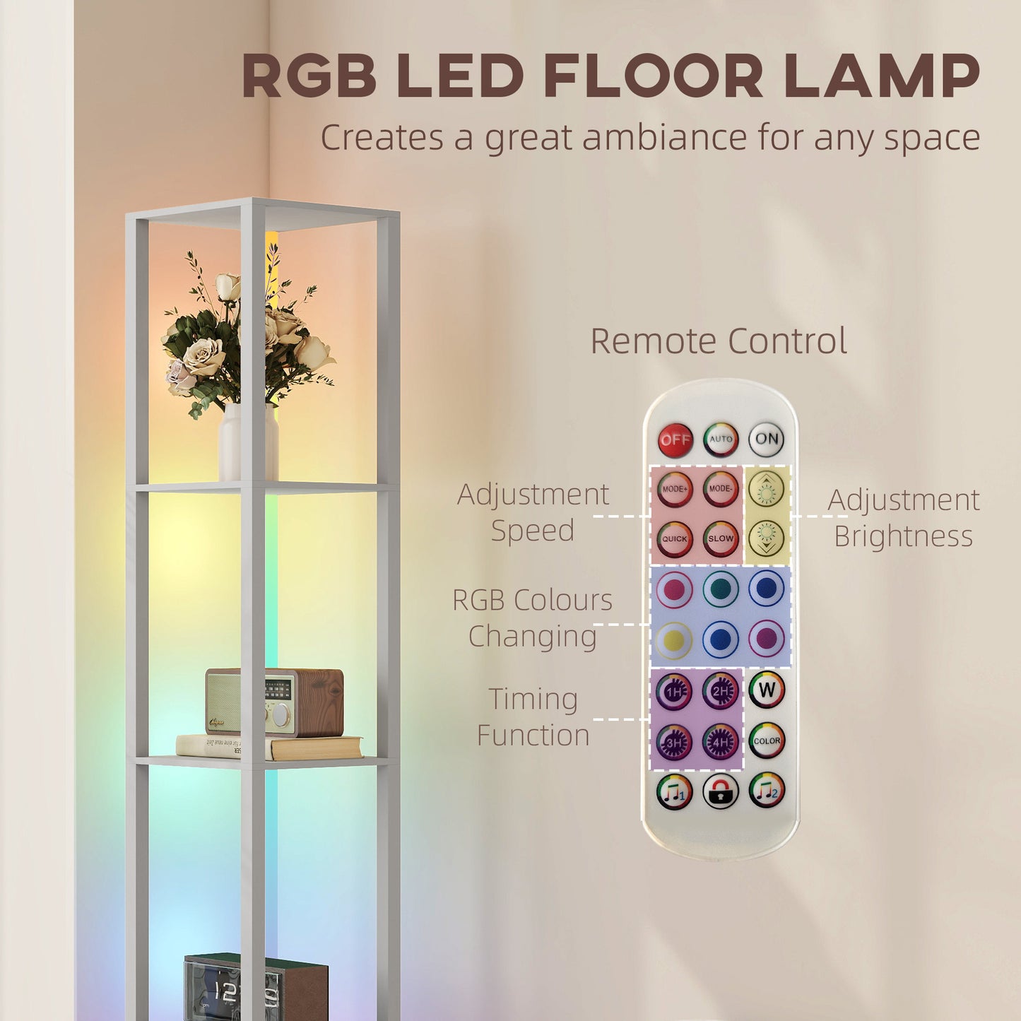RGB LED Floor Lamp with Shelves, Modern Dimmable Standing Lamp with Remote Control