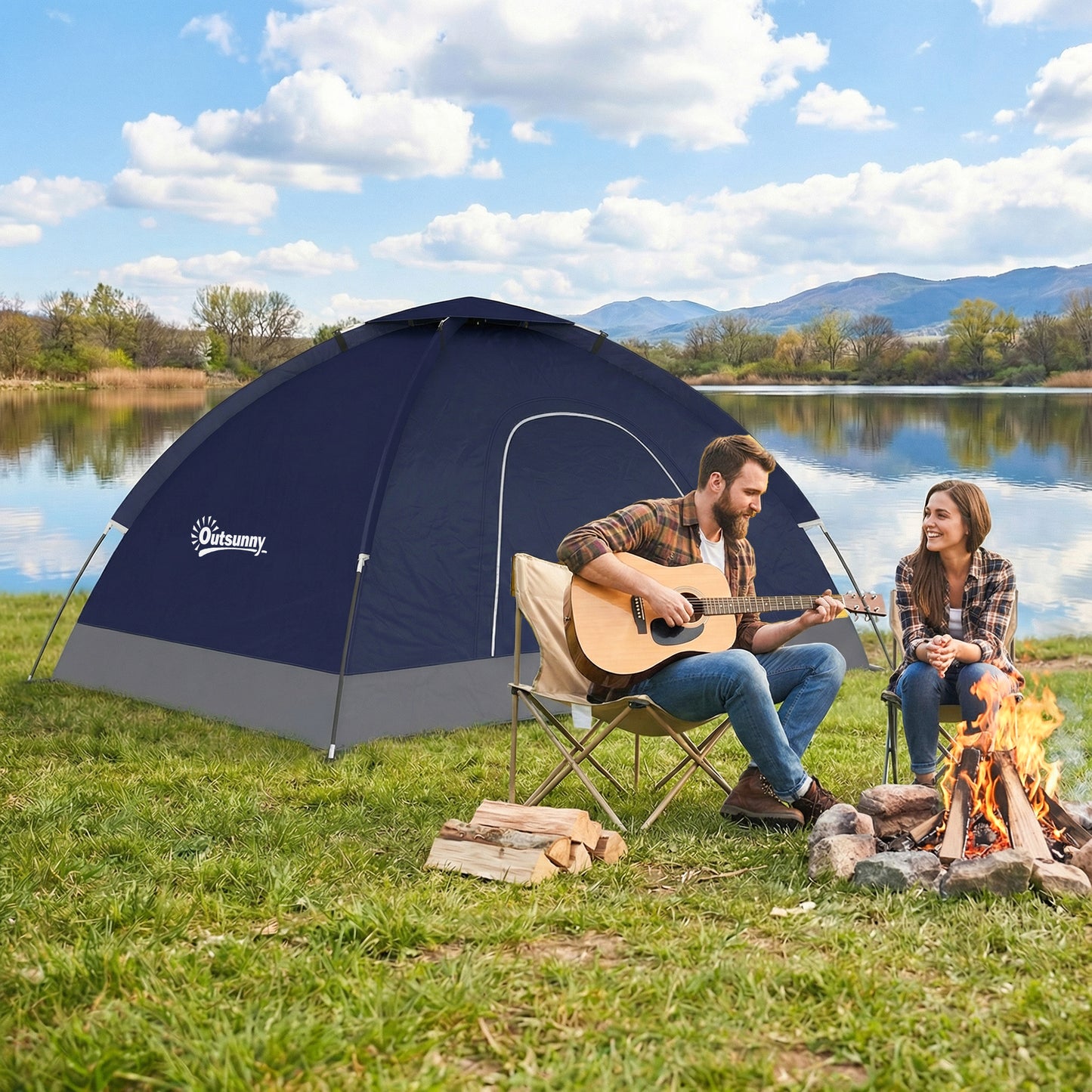 2 Person Camping Tent, Dome Tent with Zipped Doors, Storage Pocket, Portable Handy Bag, Navy Blue