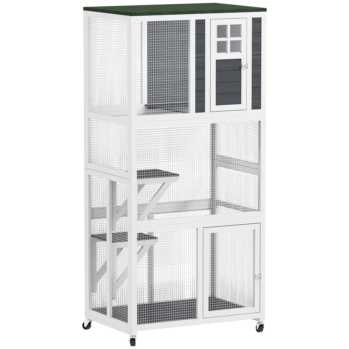 Wooden Catio Cat Outdoor Enclosure, Cat Cage with Waterproof Roof, Platforms, for Multiple Cats, White