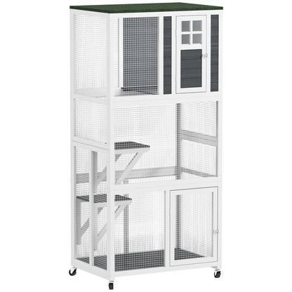 Wooden Catio Cat Outdoor Enclosure, Cat Cage with Waterproof Roof, Platforms, for Multiple Cats, White
