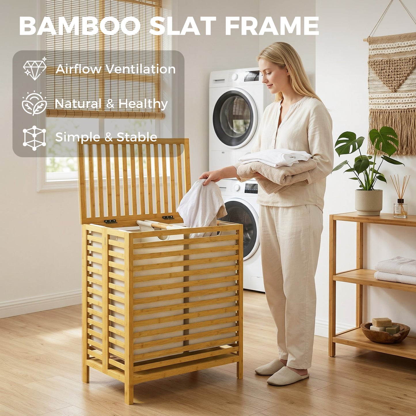 Bamboo Laundry Basket with Lid, 2 Baskets, Foldable, 64L, Natural and Cream White