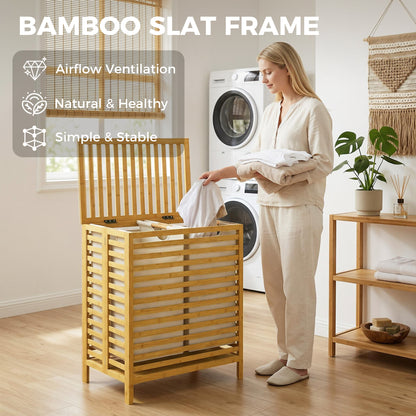 Bamboo Laundry Basket with Lid, 2 Baskets, Foldable, 64L, Natural and Cream White