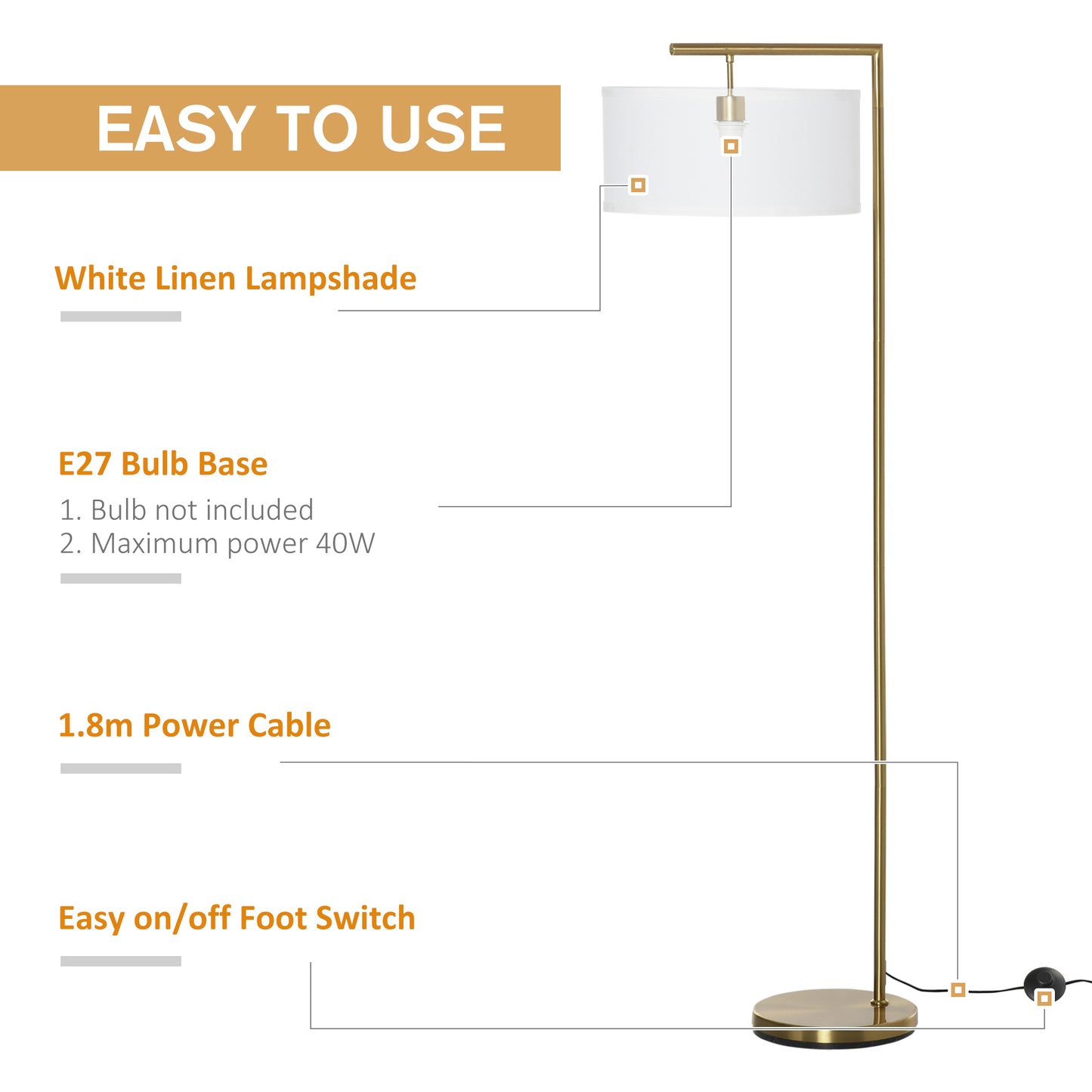 Floor Lamp, Modern Standing Lamp with Linen Lampshade, Round Base for Living Room, Bedroom, Dining Room, 153cm