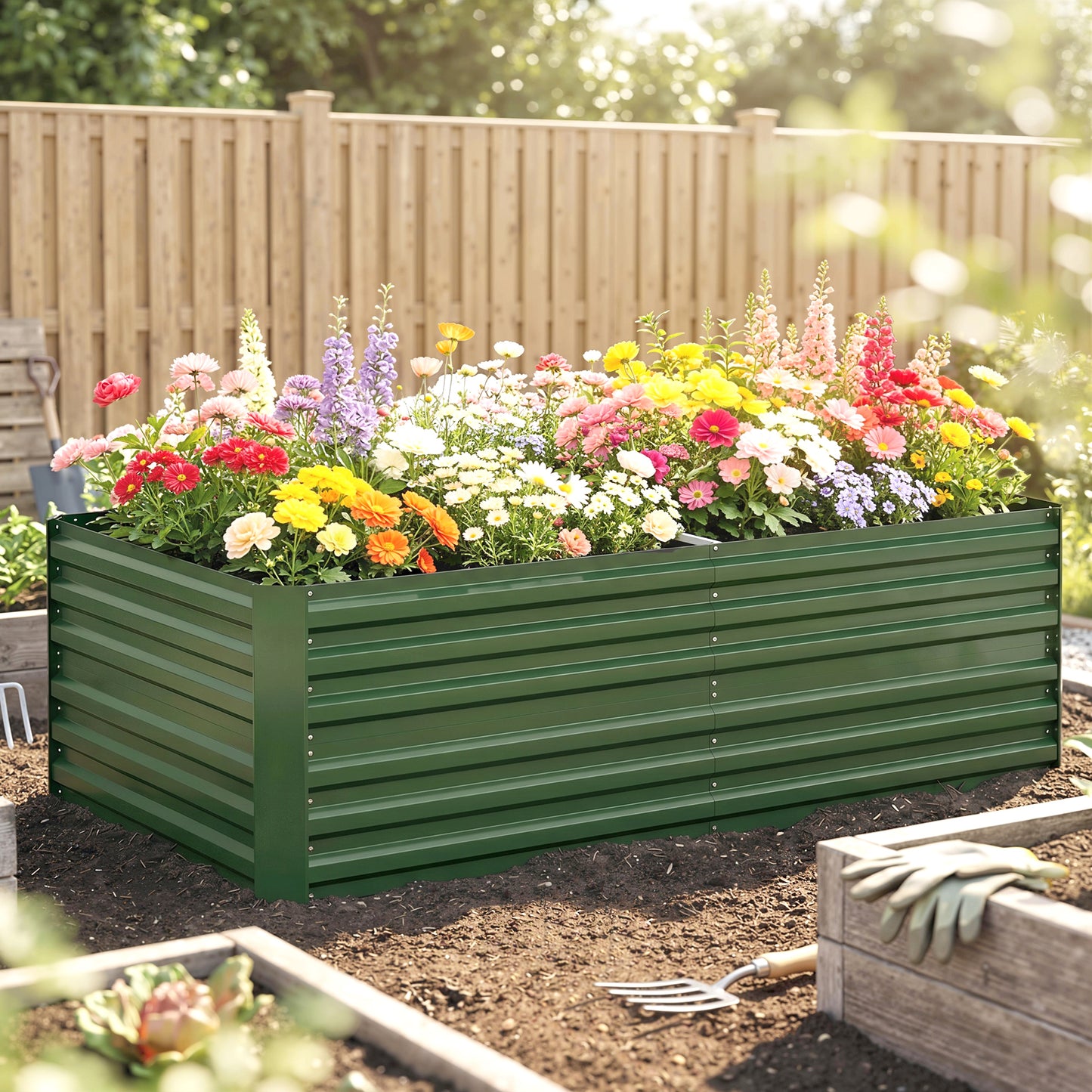 Raised Beds for Garden, Galvanised Steel Outdoor Planters with Multi-reinforced Rods, 180 x 90 x 59 cm, Green