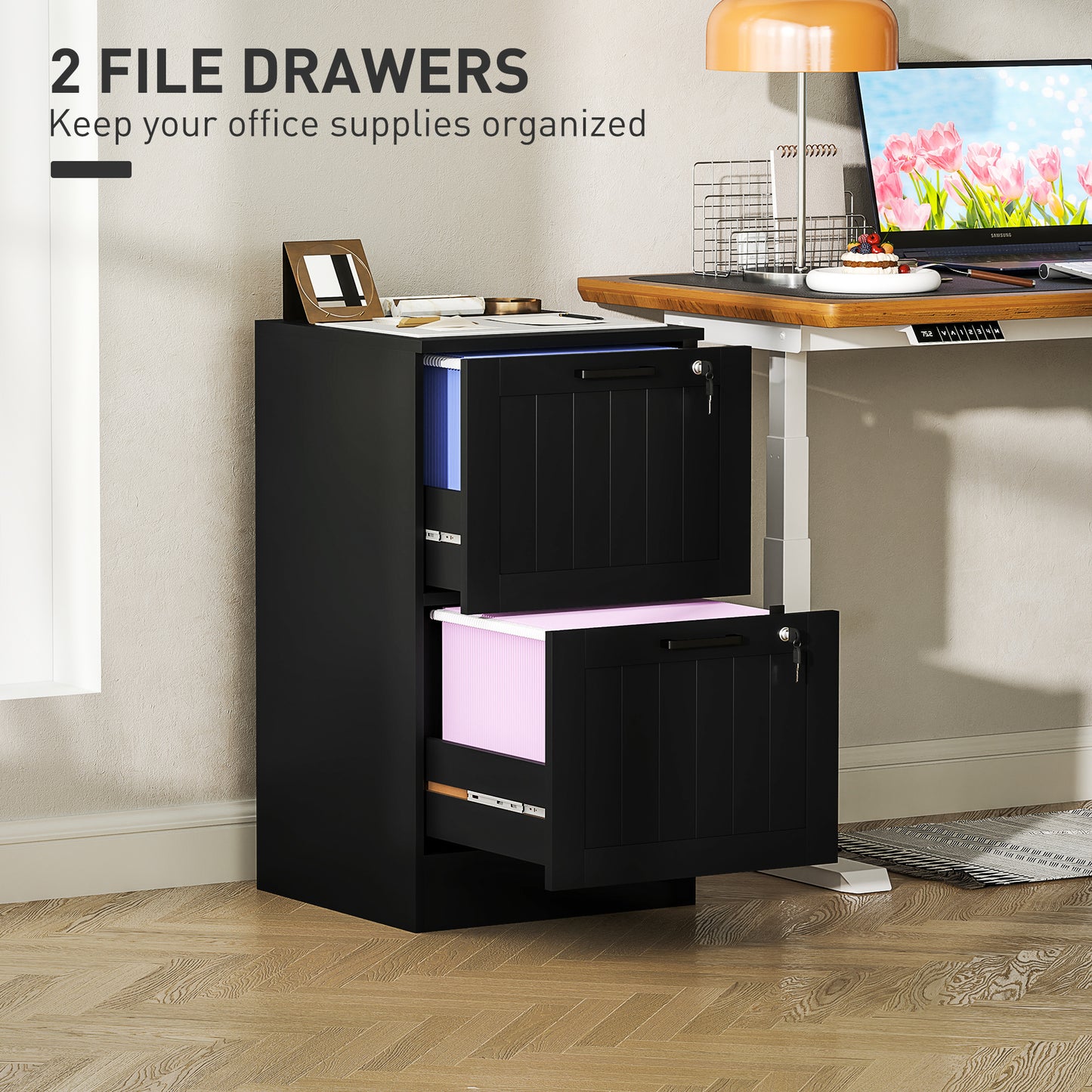 2 Drawer Filing Cabinet with Lock, Office Storage Cabinet with Adjustable Hanging Bars for A4 Letter Size Files, Black