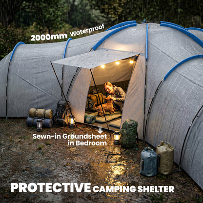 6-9 Man Large Tunnel Tent with 3 Bedrooms, Living Area and Porch, Stand-up Camping Tent, Portable with Bag, Light Grey