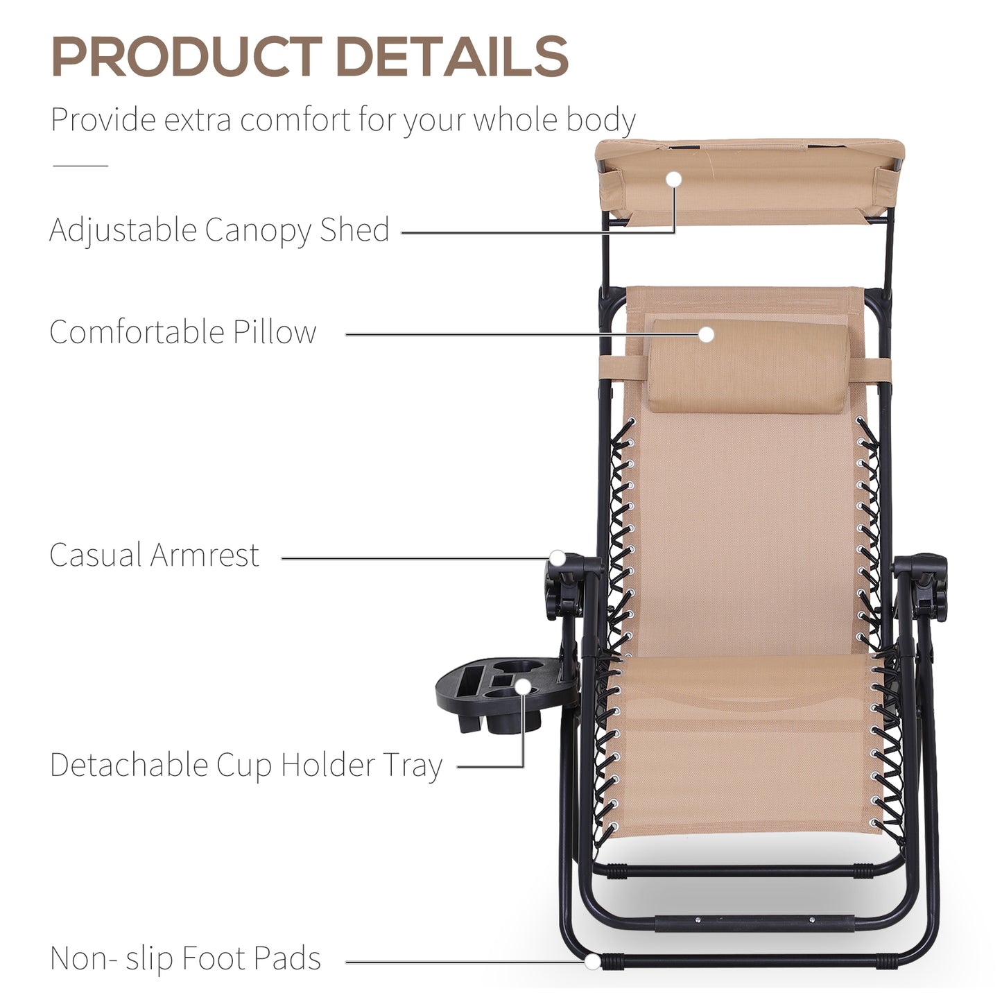 Foldable Reclining Garden Chair with Headrest, Zero Gravity Deck Sun Lounger Seat Chair with Footrest, Armrest