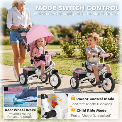 6 in 1 Kids Trike with Parent Handle, Canopy, 5-point Seat Belt, Storage, Footrest, Brake, for 1-5 Years, Pink