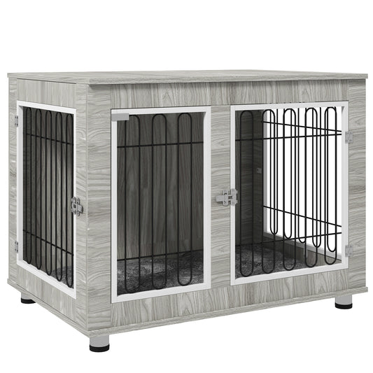 Dog Crate Furniture, Dog Cage End Table. with Soft Cushion, Double Door, for Large Dogs, Grey