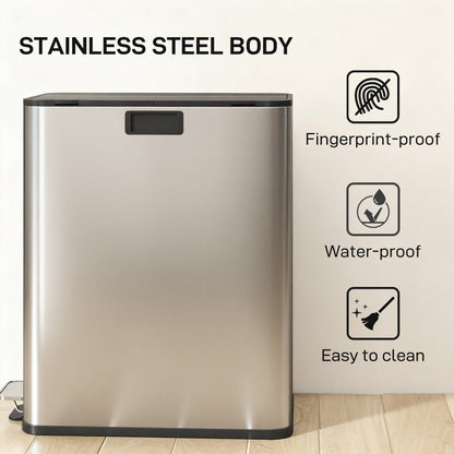 Dual Kitchen Bin with Soft-Close Butterfly Lid, 2 x 28L Stainless Steel Pedal Bin with Removable Inner Buckets
