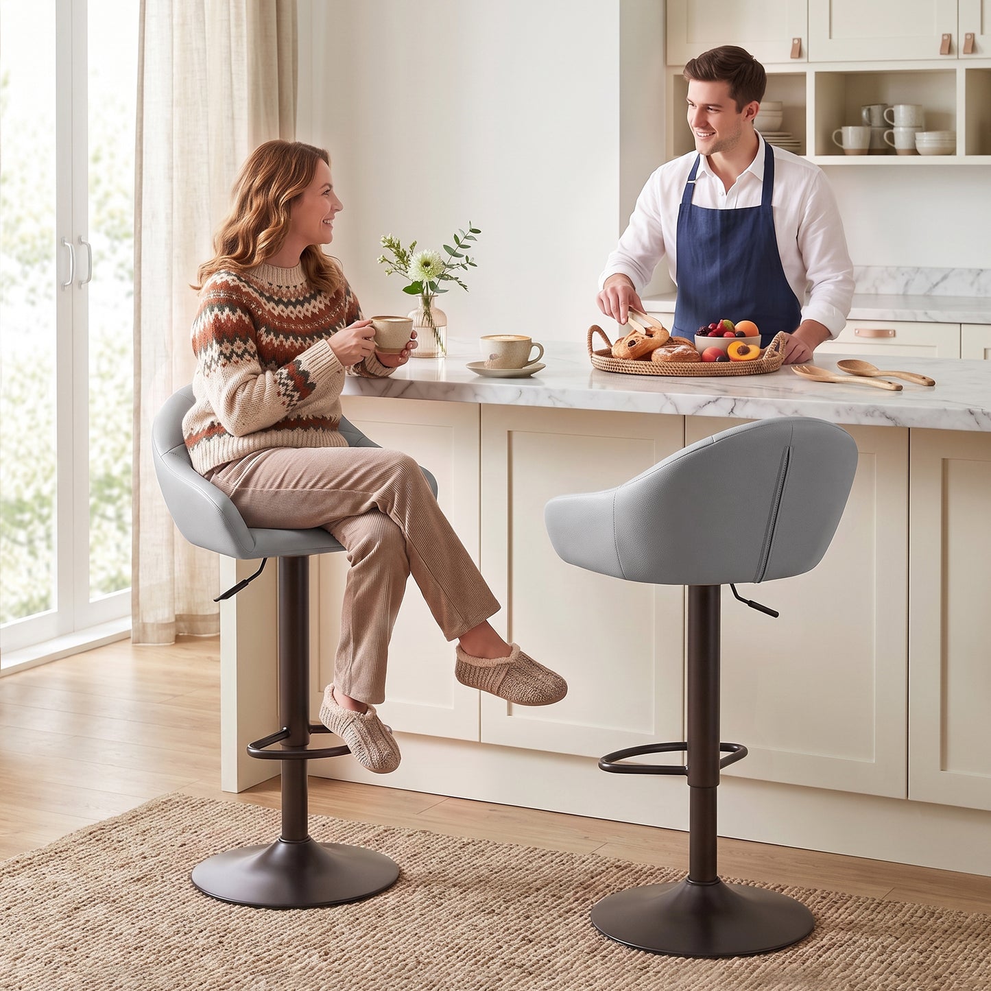 Bar Stools Adjustable Heights Breakfast Bar Stools Backrest Armrests Set of 2 with Rubber Ring Metal Base, Grey