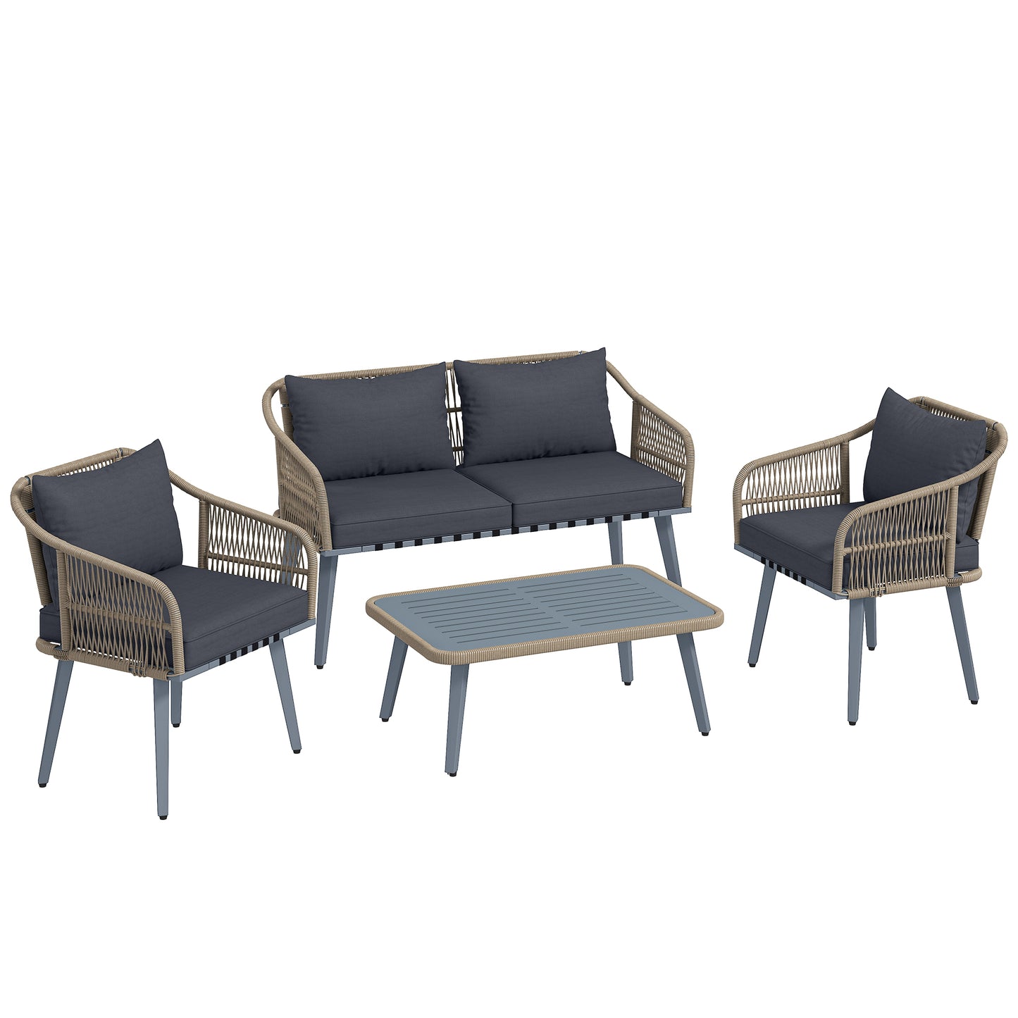 4 Piece Rattan Garden Furniture Set with Loveseat, Wicker Patio Conversation Set, Grey