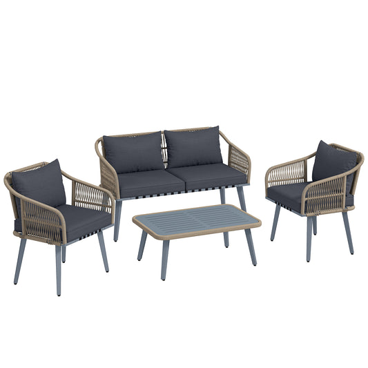 4 Piece Rattan Garden Furniture Set with Loveseat, Wicker Patio Conversation Set, Grey