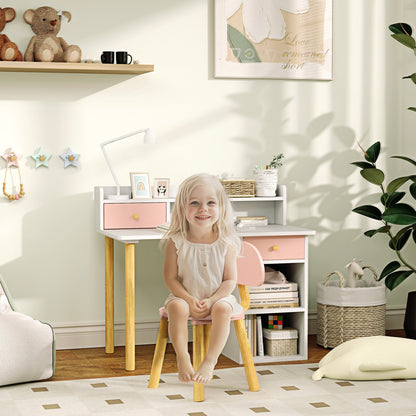 2 Pieces Children Study Table with Hutch, Kids Desk and Chair Set with Storage, Drawer, Shelves, Pink