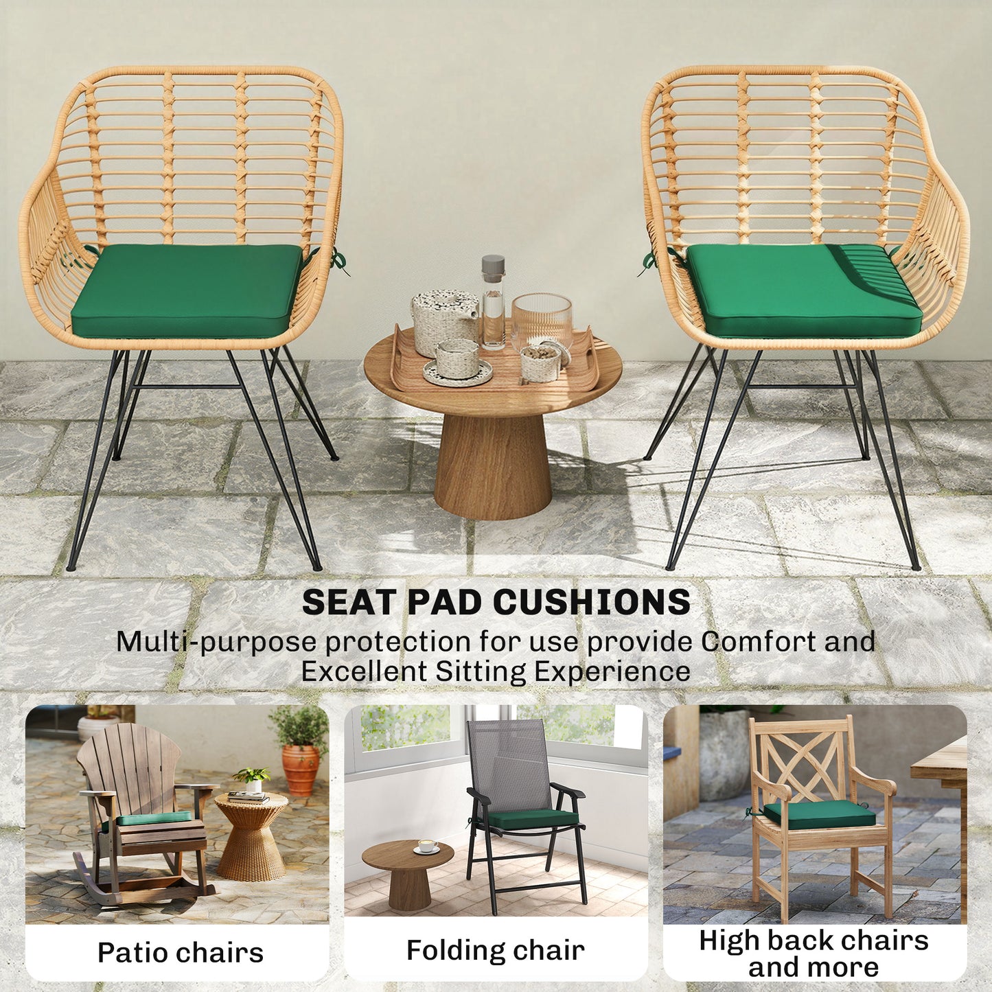 Set of 6 Chair Cushion Seat Pads Dining Chair w/ Straps, Indoor Outdoor Removable Tie On Garden Patio, Green