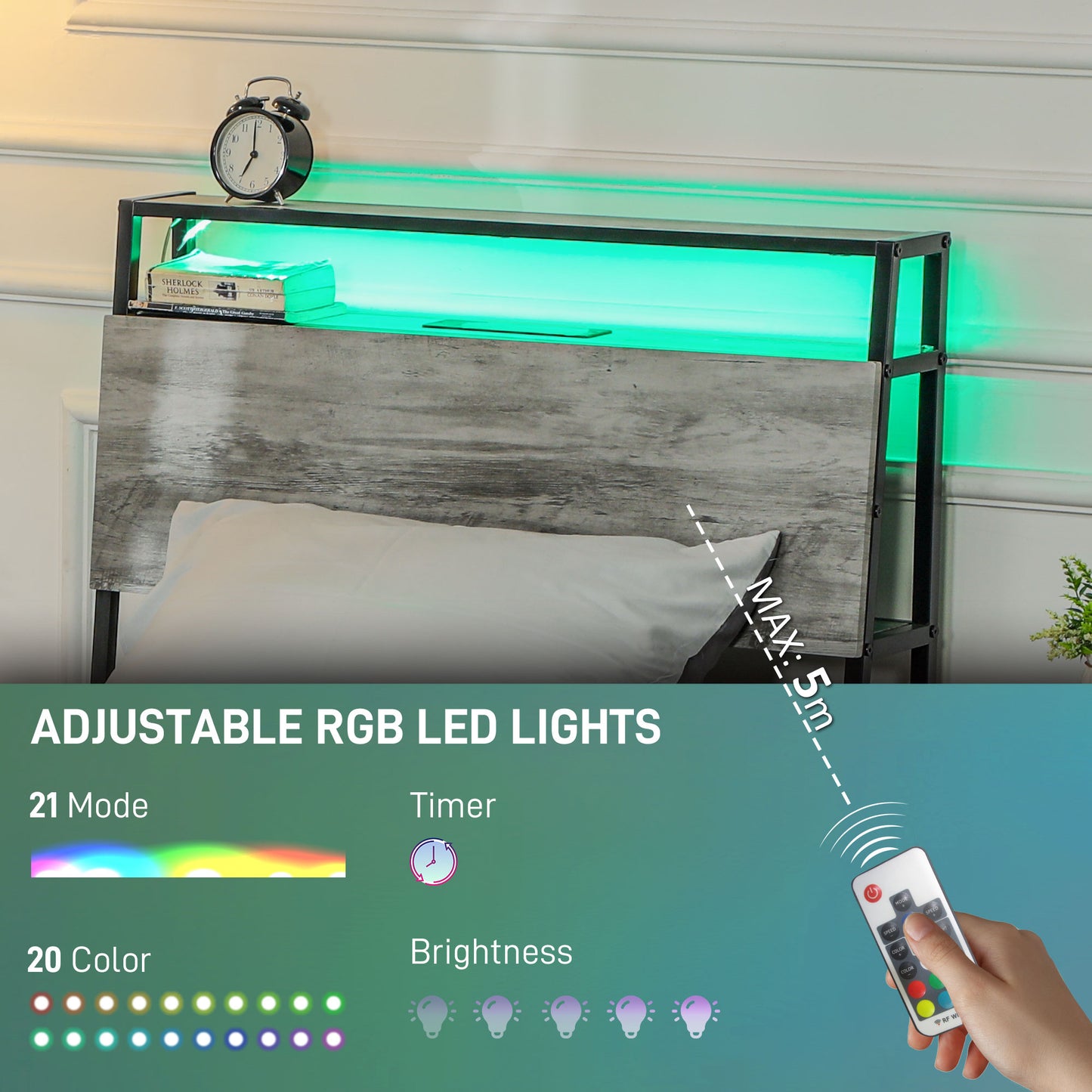 Single Steel Bed Frame, with LED Lights and Shelf - Grey