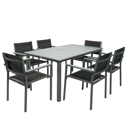 Garden Dining Set with Acacia Wood Table Top, Outdoor Table and Stackable Chairs Set for 6 with Texteline Seat, Grey