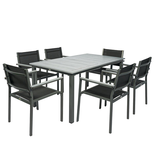 Garden Dining Set with Acacia Wood Table Top, Outdoor Table and Stackable Chairs Set for 6 with Texteline Seat, Grey