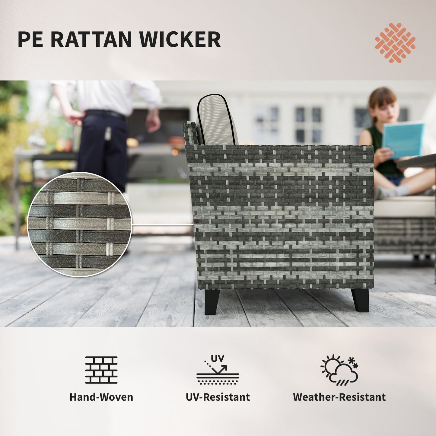 5-Piece Rattan Patio Furniture Set with Gas Fire Pit Table, Loveseat Sofa, Armchairs, Cushions, Pillows, Grey