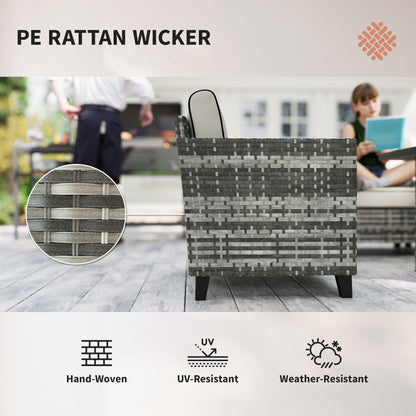 5-Piece Rattan Patio Furniture Set with Gas Fire Pit Table, Loveseat Sofa, Armchairs, Cushions, Pillows, Grey