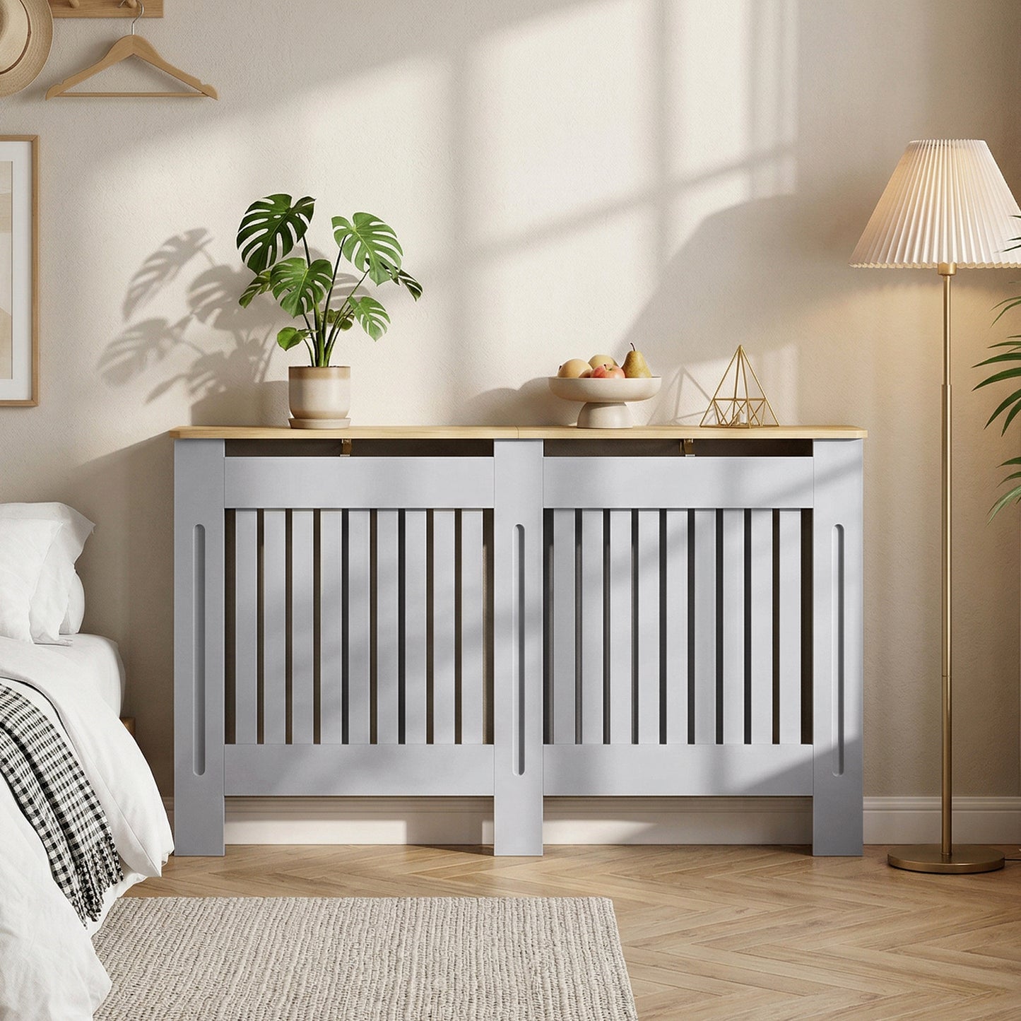 Slatted Radiator Cover, Painted Cabinet with Line Grill Design, 152L × 19W × 81H cm, Grey