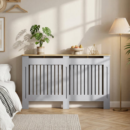 Slatted Radiator Cover, Painted Cabinet with Line Grill Design, 152L × 19W × 81H cm, Grey