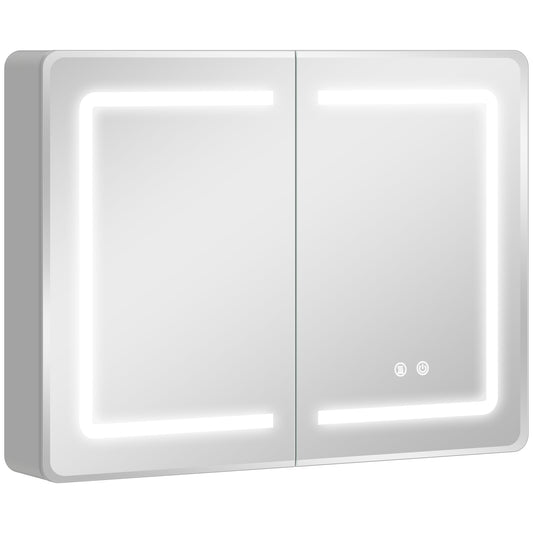 Mirrored Bathroom Cabinet with LED Lights, 60 x 80 cm Bathroom Mirror Cabinet with Anti-Fog, 3 Colour Dimmable Lighting