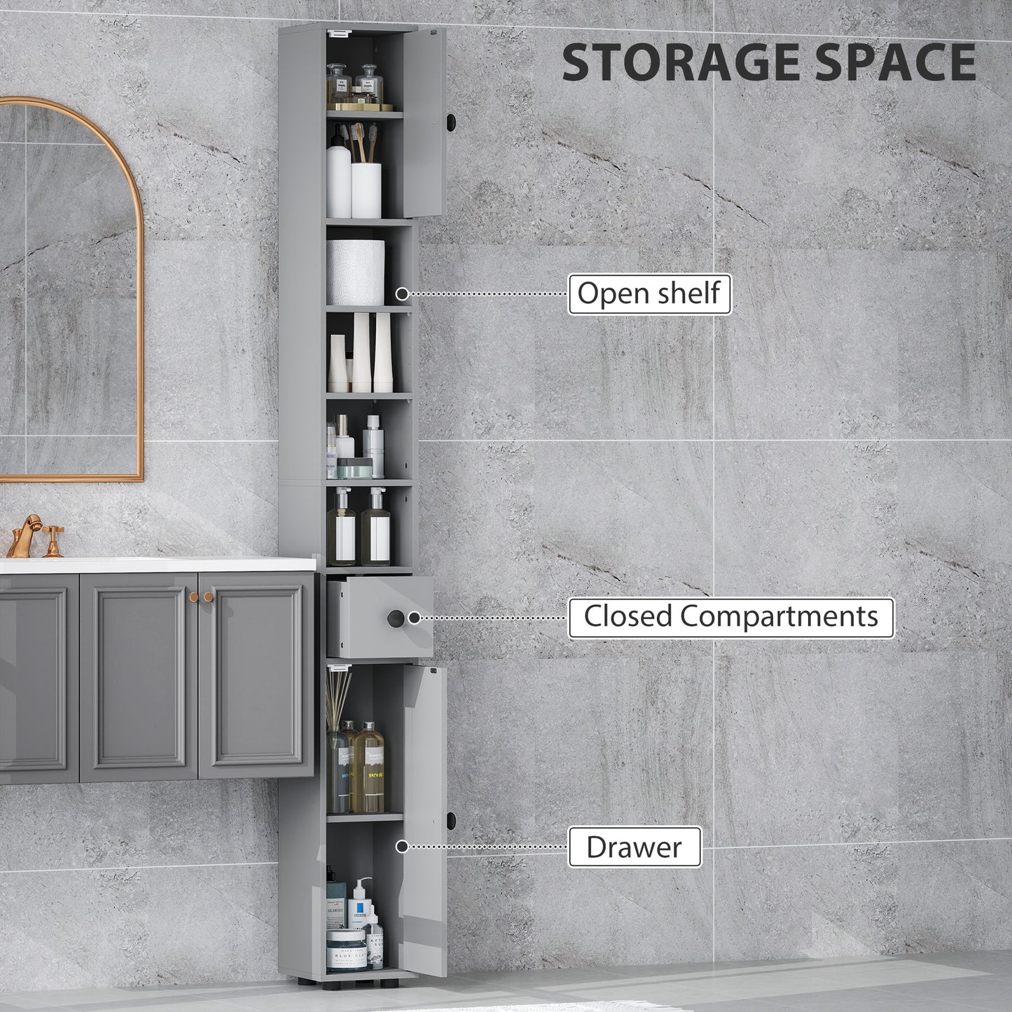 180cm Slim Bathroom Cabinet, with Drawer, Shelves and Cupboards - Grey