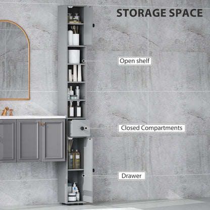 180cm Slim Bathroom Cabinet, with Drawer, Shelves and Cupboards - Grey