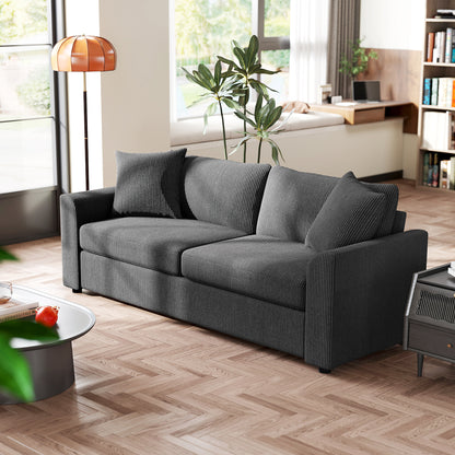 3 Seater Sofa, 212cm Corduroy Couch with Spring Cushion, Wide and Deep Seat, Plush Backrest, 2 Pillows