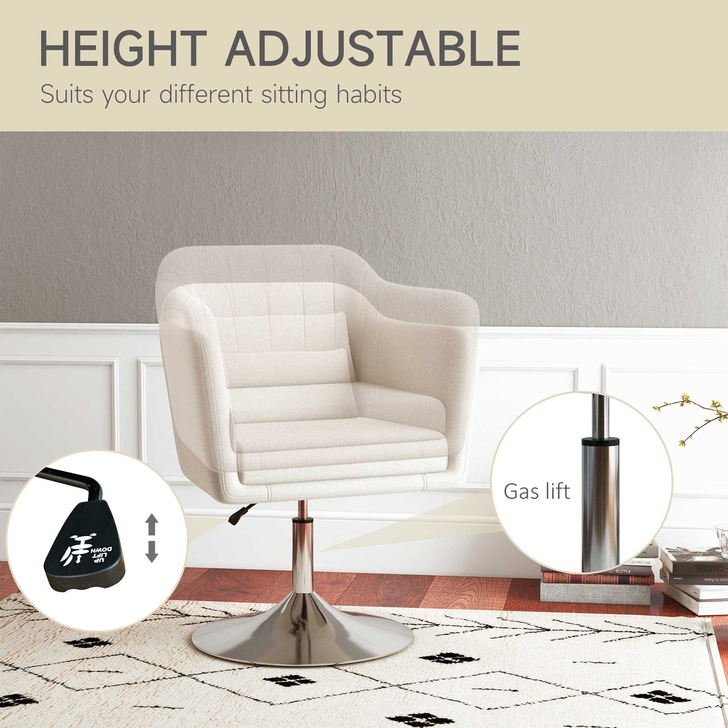 Modern Accent Chair with Swivel Base, Height Adjustable Arm Chair with Pillow for Living Room, Bedroom, Cream White