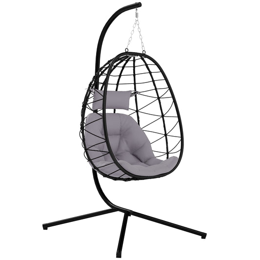 Hanging Egg Chair Outdoor Indoor Garden Swing Chair with Folding Basket, Thickened Cushion, Garden Hanging Chair with Stand