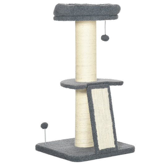 Cat Tree Tower with Scratching Posts, Pad, Bed, Toy Ball-Dark Grey