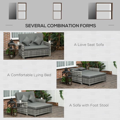 Rattan Garden Daybed, Assembled Double Sun Lounger with 5-Level Adjustable Back, Storage Ottoman, Cushions
