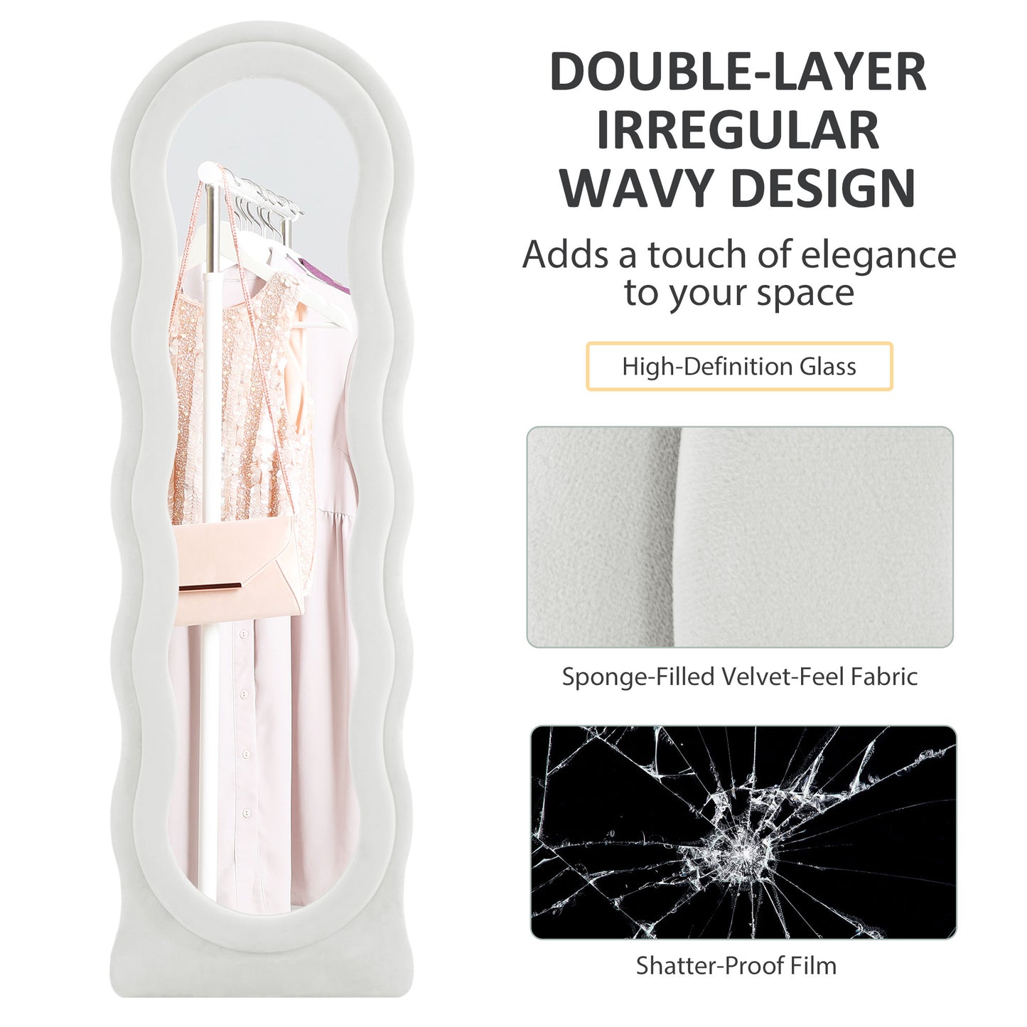 Wavy Velvet-Feel Full Length Mirror - White