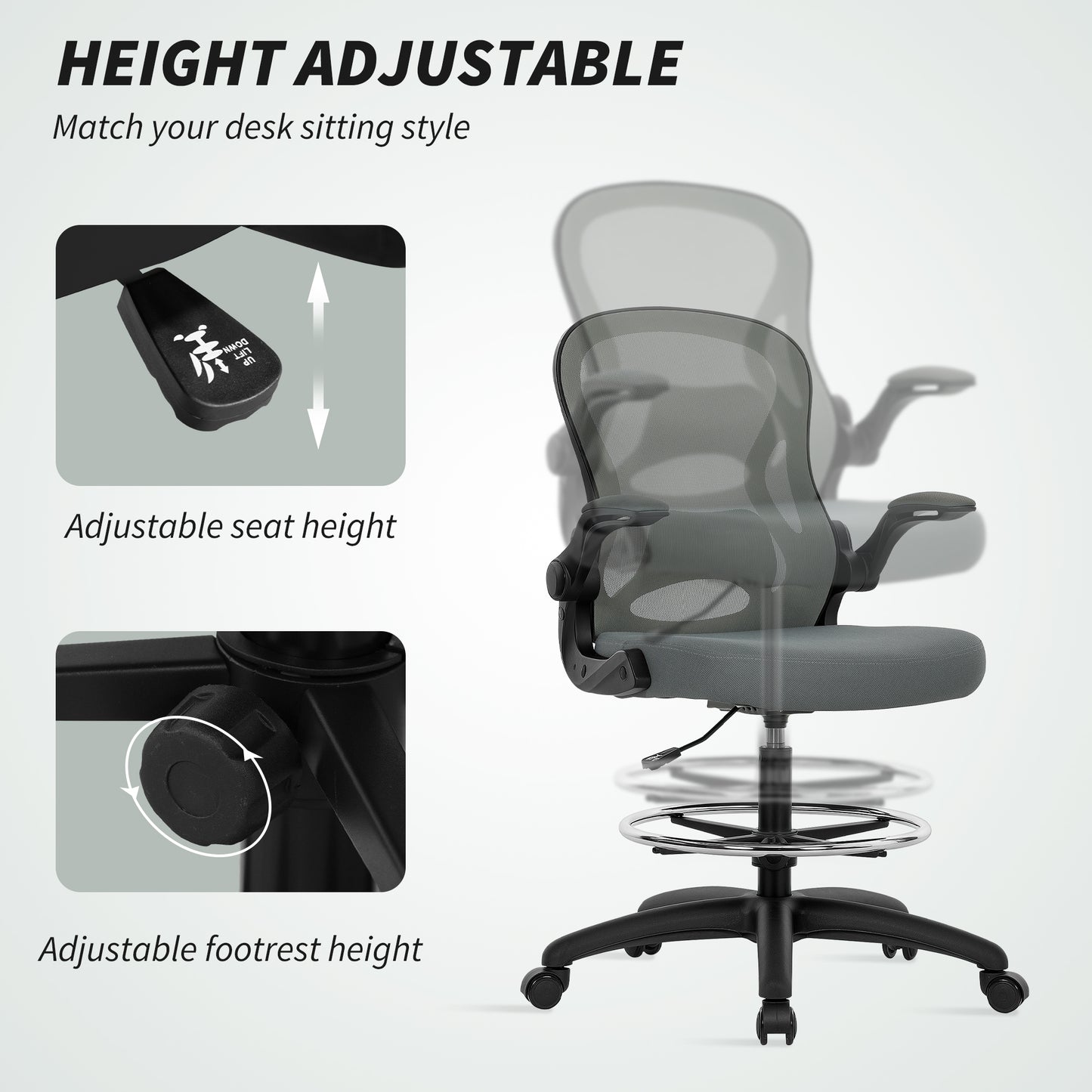 Drafting Chair, Ergonomic Tall Office Chair with Flip-up Armrests, Mesh Back, Lumbar Support