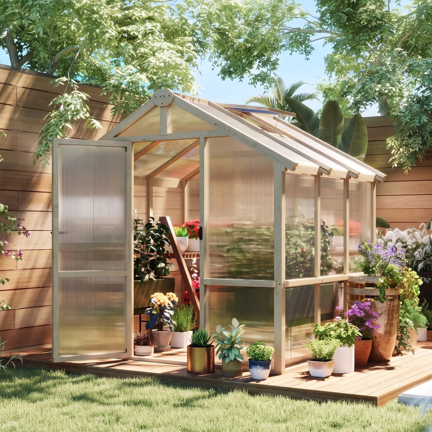 6.6 x 6ft Polycarbonate Greenhouse, Walk-in Wooden Greenhouse with Lockable Door and Window, Garden Plants Grow House, Brown