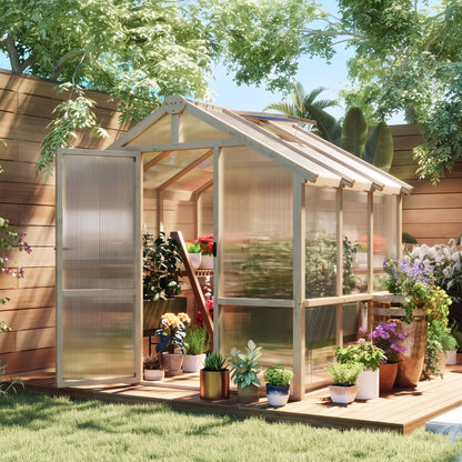 6.6 x 6ft Polycarbonate Greenhouse, Walk-in Wooden Greenhouse with Lockable Door and Window, Garden Plants Grow House, Brown