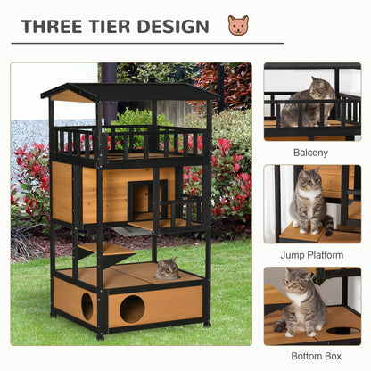 Wooden Outdoor Cat House, 3-Tier Cat Shelter with Tilted Roof, Terrace, Jump Step, Bottom Tray and Elevated Base