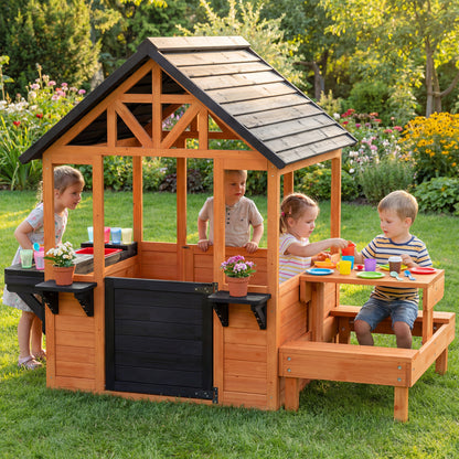 Wooden Playhouse Playhouse for Kids with Table, Benches, Sink Table, Windows, Flowerpot Holders, for Ages 3-8, Brown