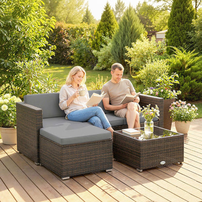 3 Pieces Garden Furniture Set w/ Cushions, PE Rattan Wicker Conversation Corner Sofa Set, Light Grey