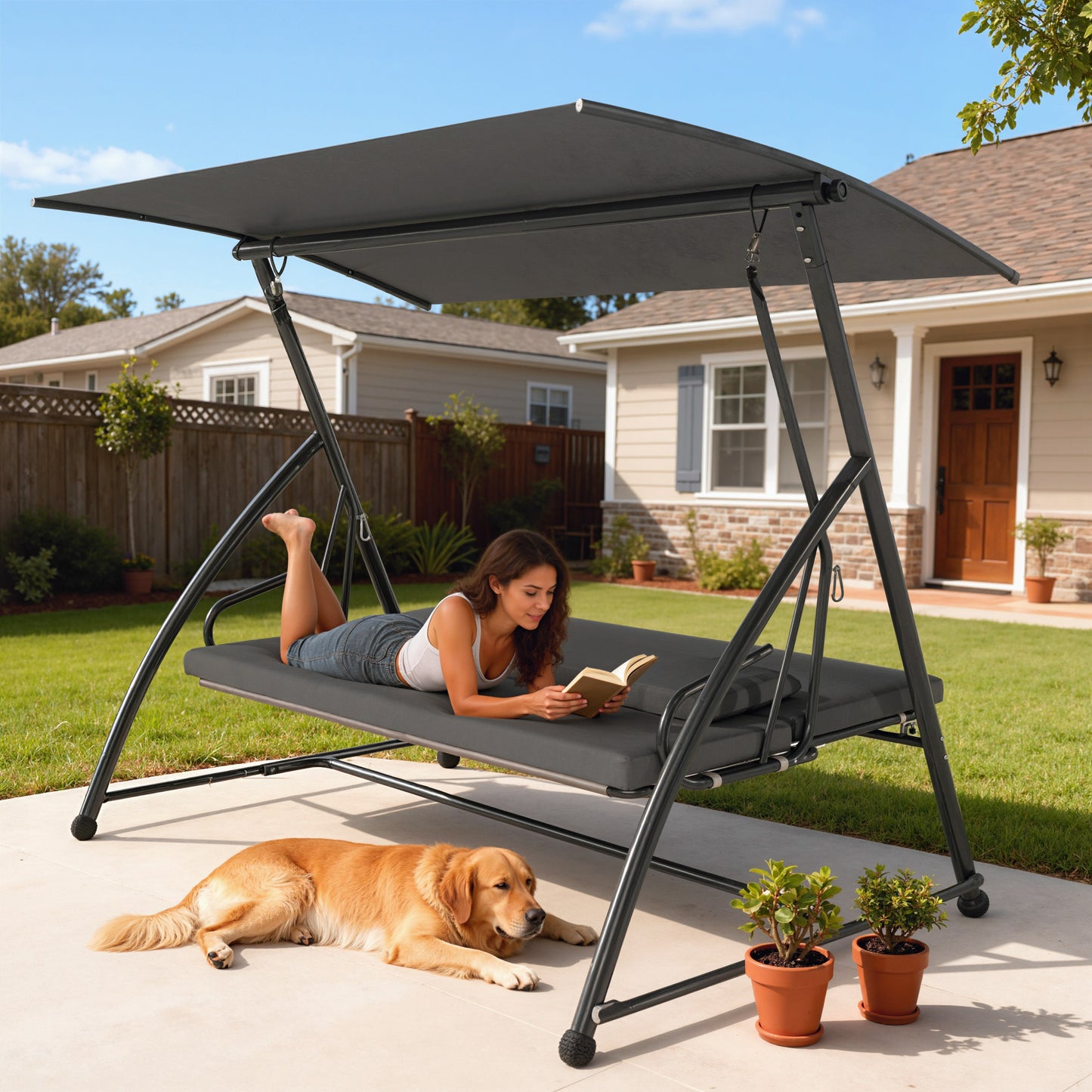 Outdoor 2-in-1 Swing Chair Lounger 3 Seater Garden Swing Seat Bed Convertible Tilt Canopy W/ Cushion, Dark Grey
