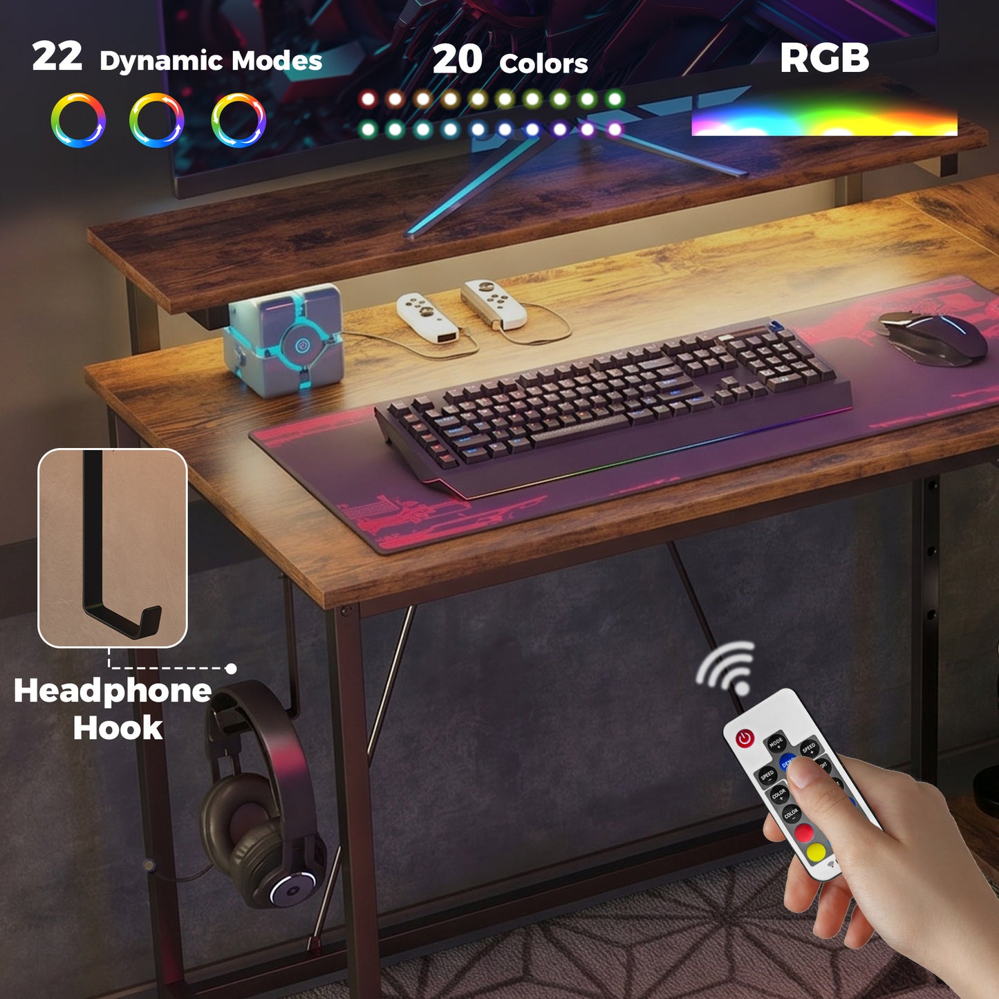 Reversible 'L' LED Light Gaming/Work Desk - Rustic Brown