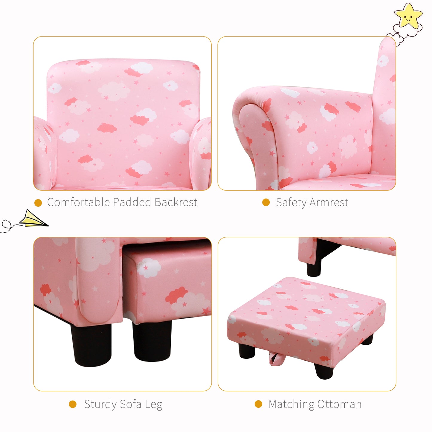 Toddler Chair Children's Armchairs Wood Frame w/ Footrest Anti-Slip Legs High Back Arms for Bedroom Playroom Cute Cloud Star