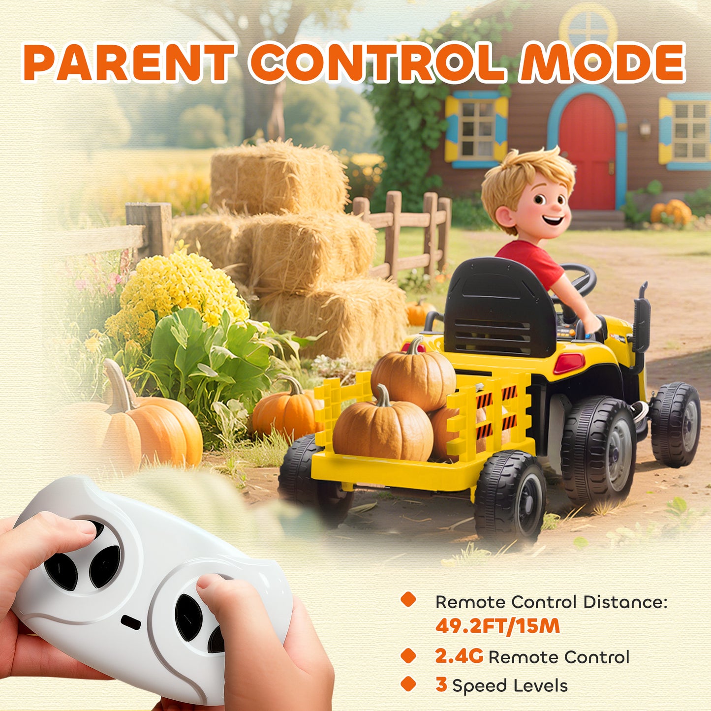 12V Ride on Tractor and Trailer with Remote Control, Music, Shifter, Start-Up Sound, for Kids Ages 3-8 Years, Yellow
