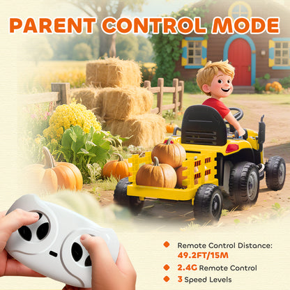12V Ride on Tractor and Trailer with Remote Control, Music, Shifter, Start-Up Sound, for Kids Ages 3-8 Years, Yellow