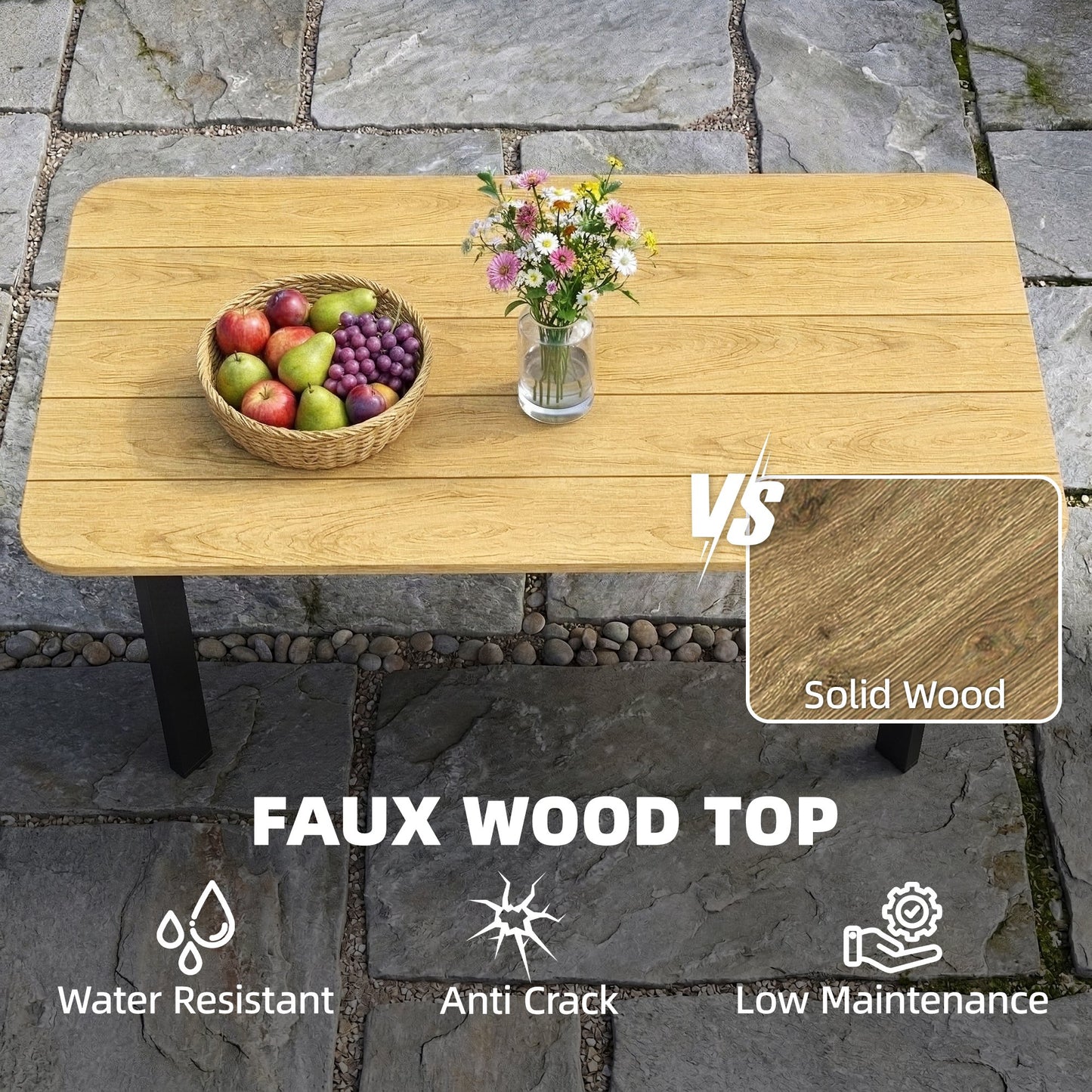 Outdoor Garden Coffee Table, Garden Table with Slatted Wood Plastic Composite Top and Metal Frame, Brown