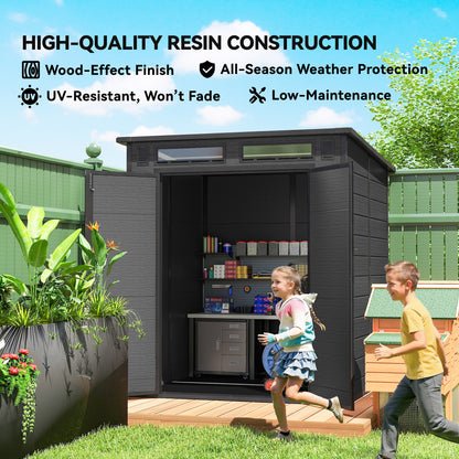6 x 6 ft Plastic Garden Shed, Wood-Effect Outdoor Storage Shed with Floor, Windows, Lockable Doors and Vents, Dark Grey