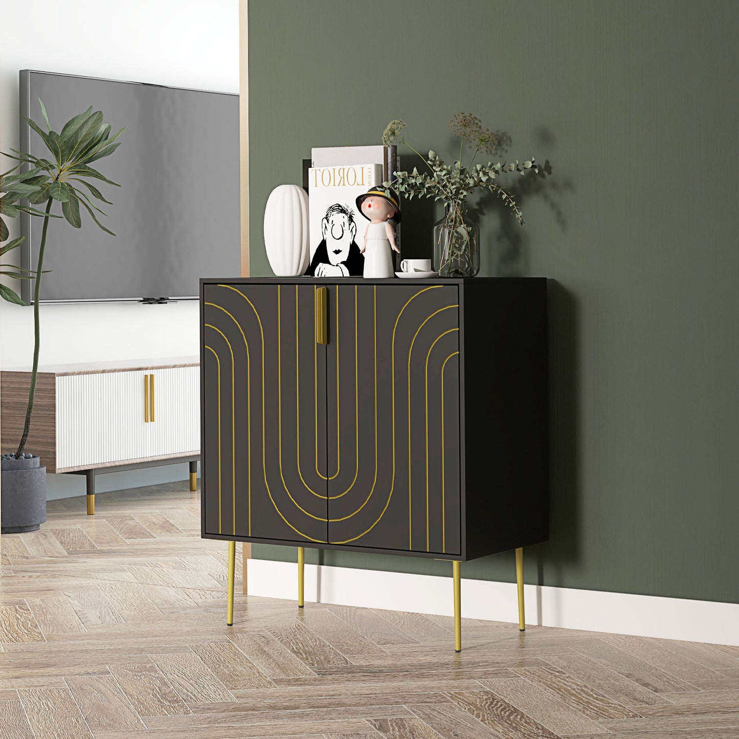 Art Deco Inspired Sideboard, with Adjustable Shelf - Black/Gold Tone